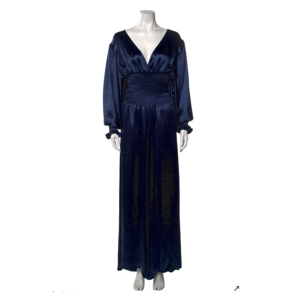 Caroline Constas V Neck Smocked Waist Wide Leg Satin Navy Blue Jumpsuit Small - Picture 5 of 8